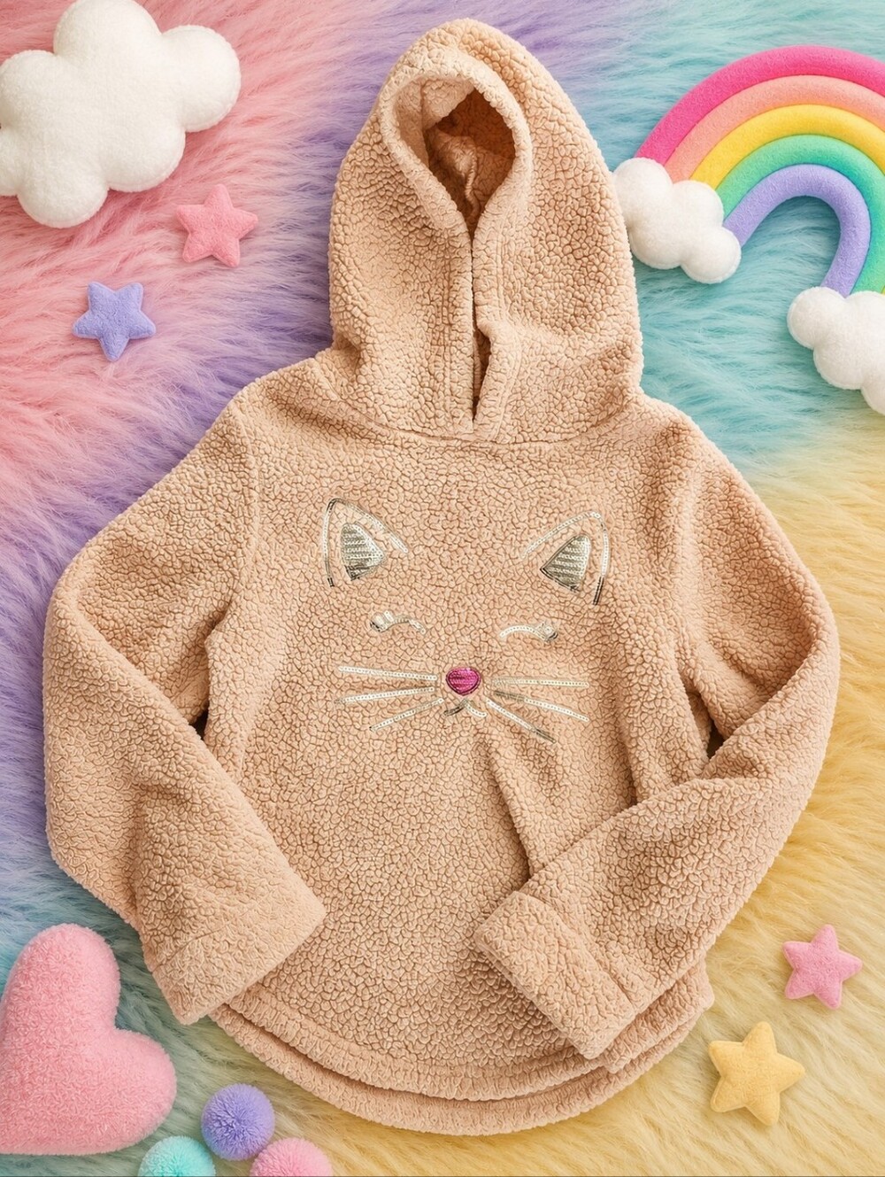 SO Pink Hooded Sherpa Pullover with Cat Face